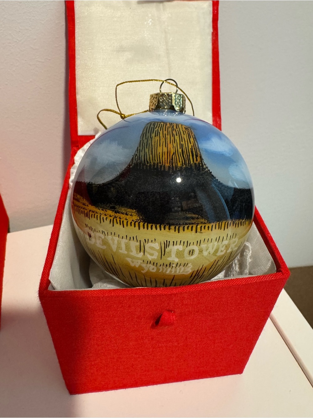 Hand Painted Devils Tower Wyoming Glass Christmas Ornament with Box #404